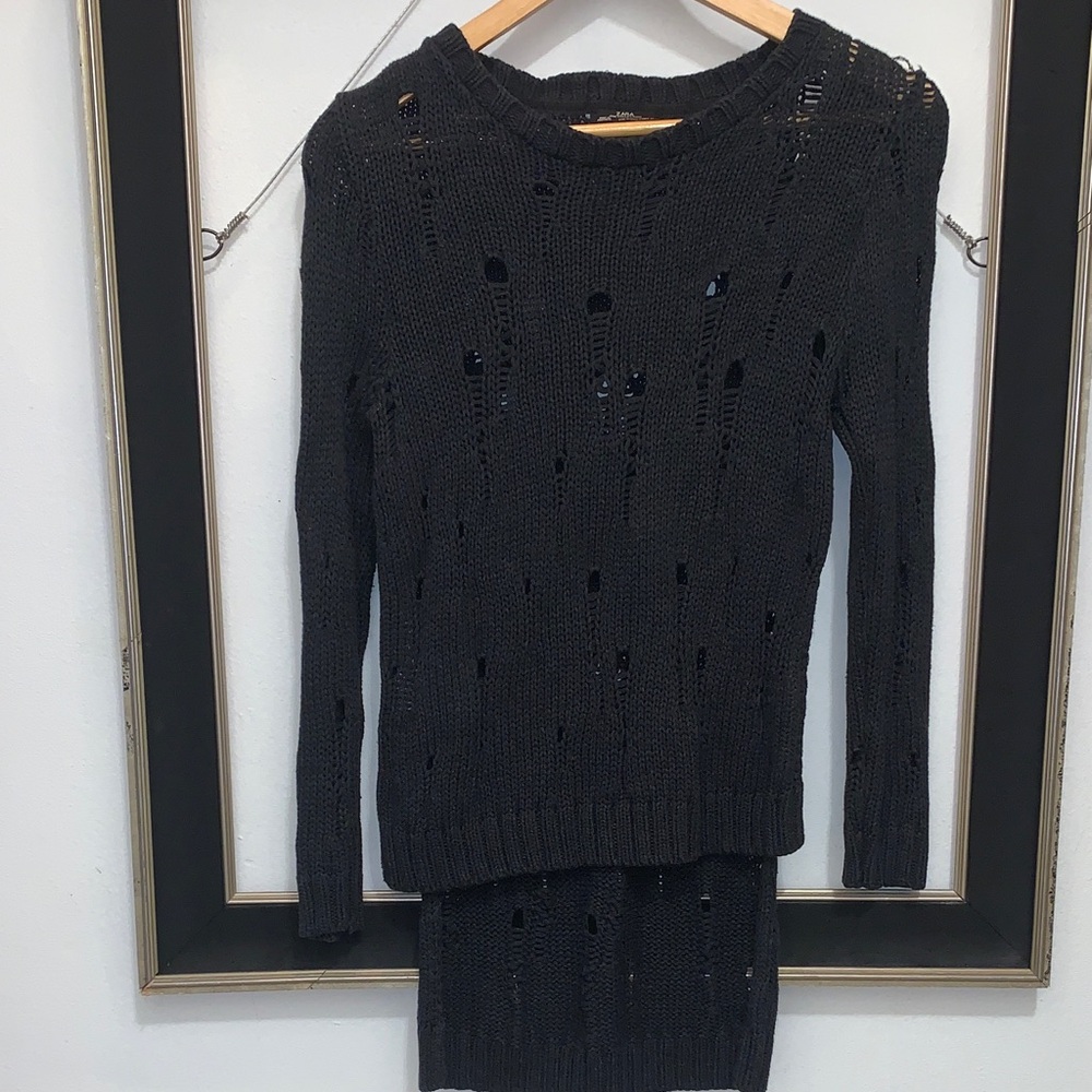 Zara Black Knit Sweater with Distressed Details